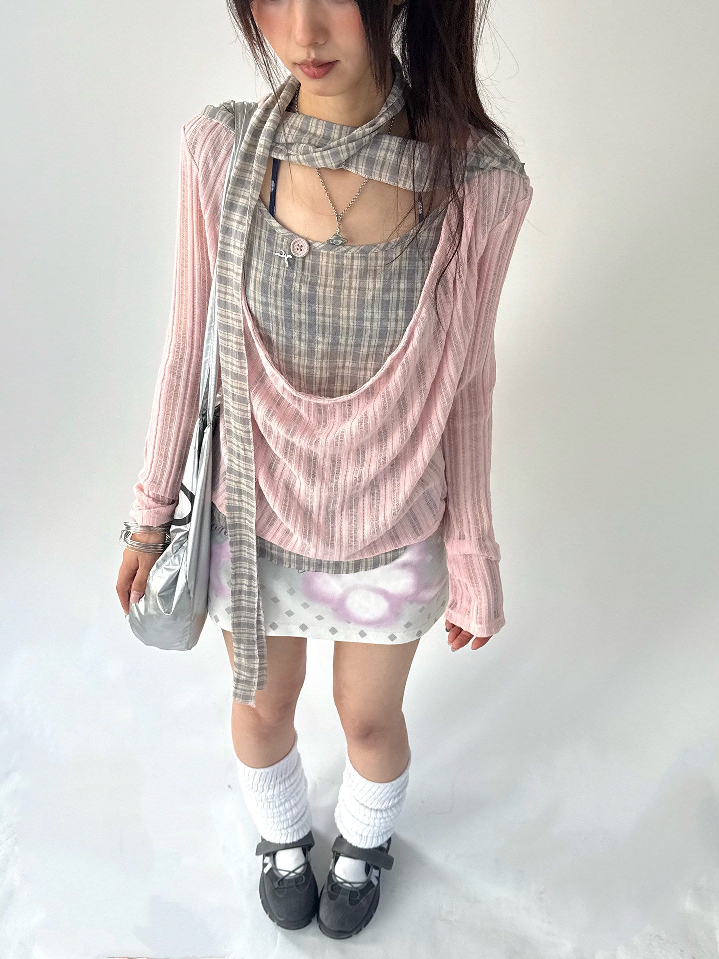 Dusty Pink Plaid Cowl-Neck Layered Top