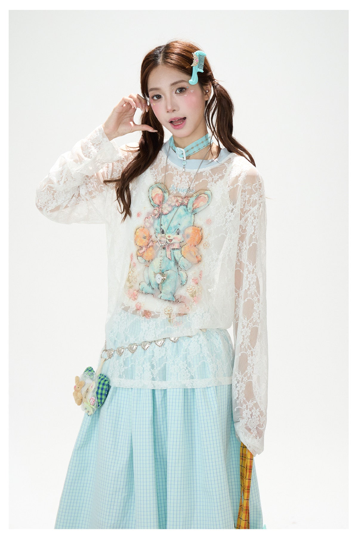 Bunny Sheer Lace Long Sleeve Top & Mint Plaid A-Line Skirt