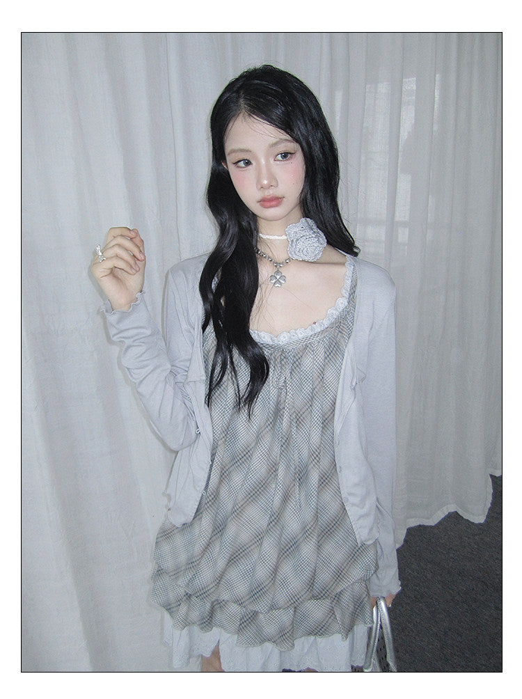 Dusty Blue Plaid Lace Bubble Dress Three-Piece Set