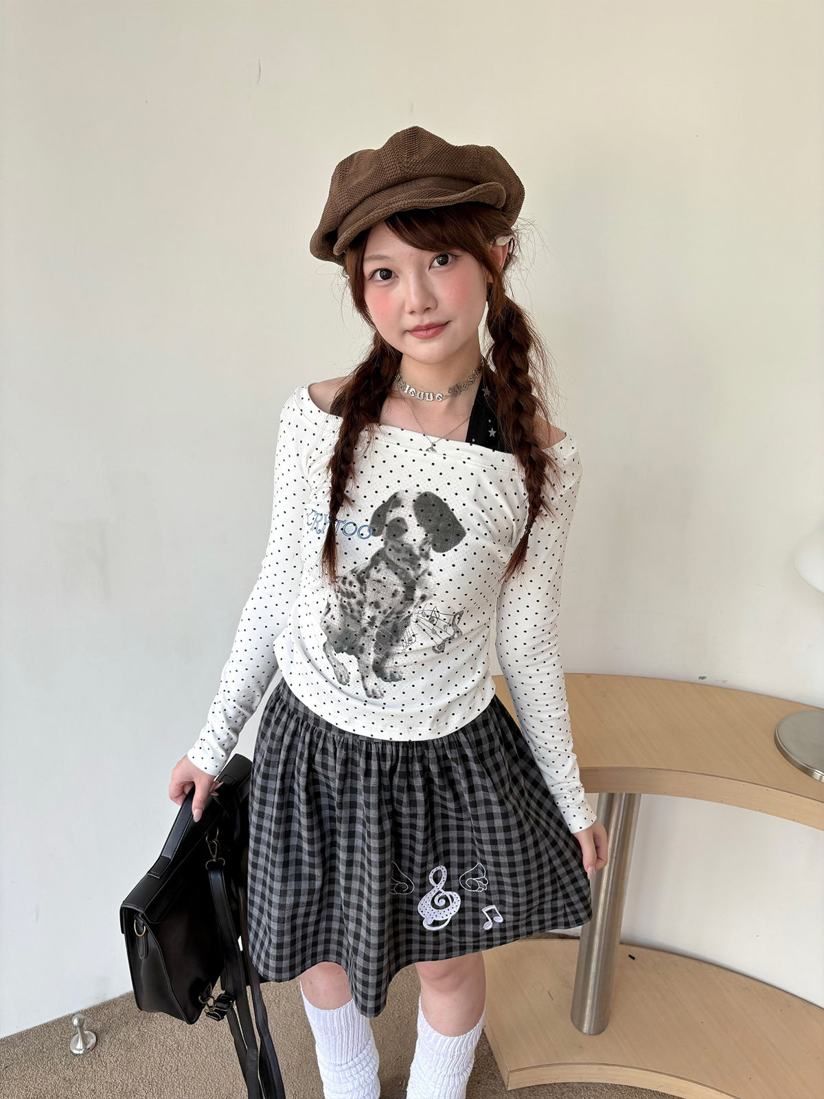 White Polka Dot Puppy Off-Shoulder Long Sleeve Top