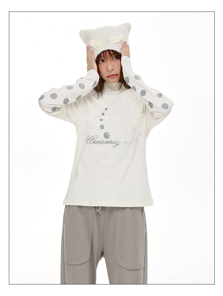 Lace Music Note Appliqué Mock Neck Long Sleeve Top