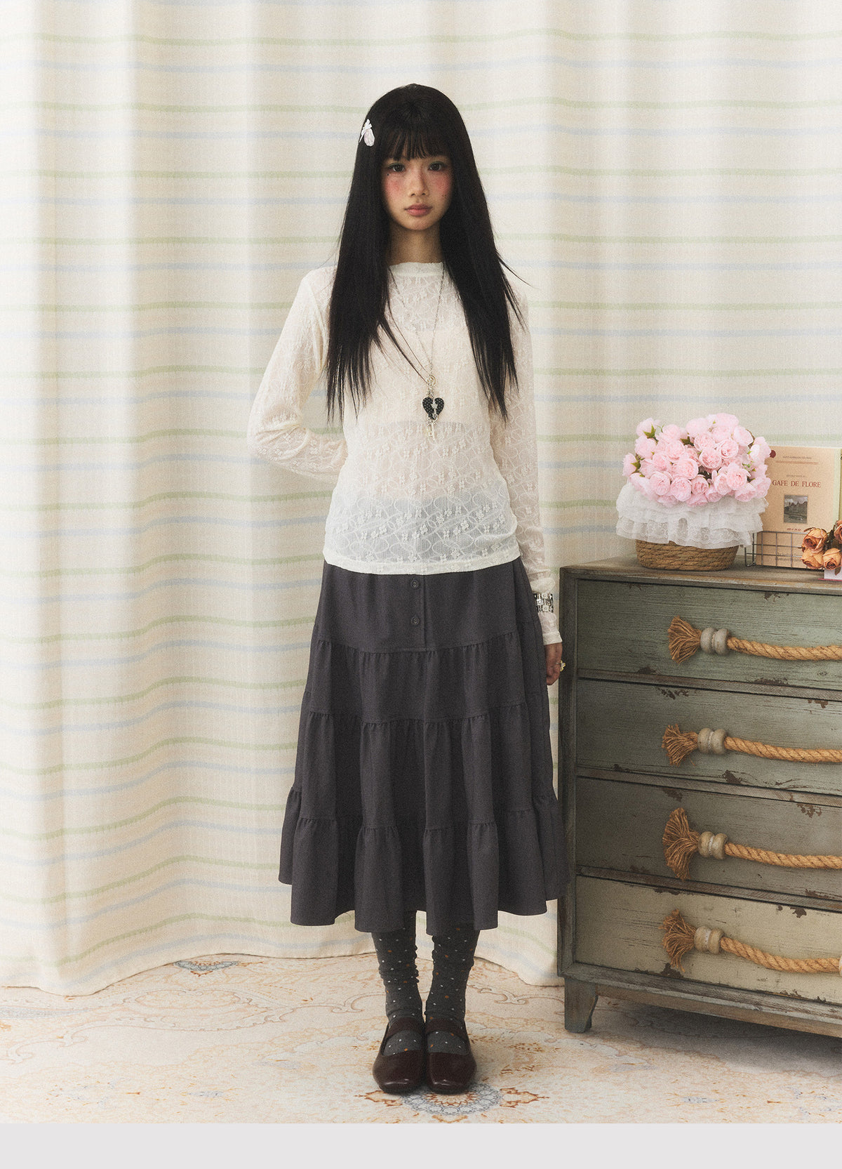Floral Lace Long Sleeve & Jacquard Knit Short Sleeve Top