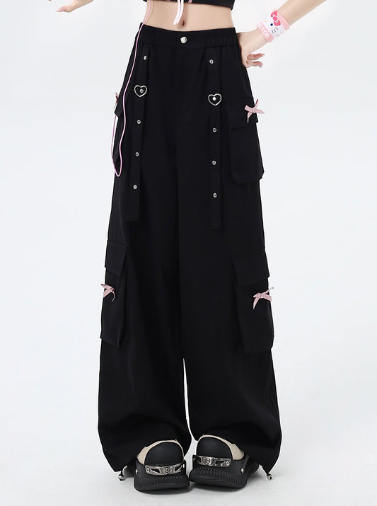 Heart Bow Pocket Wide-Leg Cargo Pants