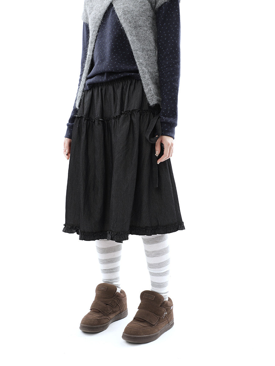 Washed Black Ruffle-Tiered Denim Midi Skirt