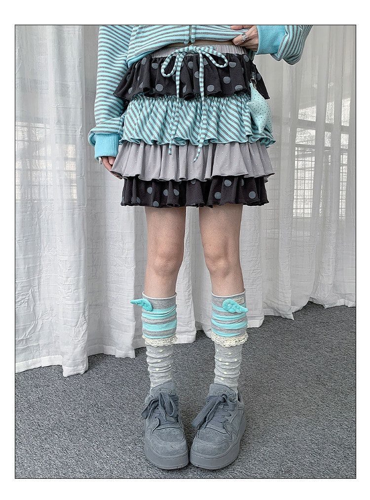 Polka Dot Stripe Tiered Ruffle Mini Skirt