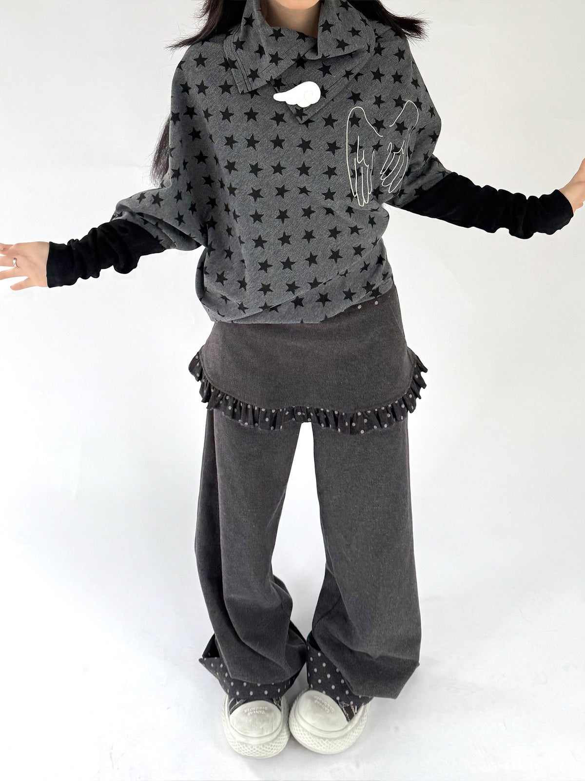 Asymmetric Star Drape Faux-Layer Long Sleeve Top