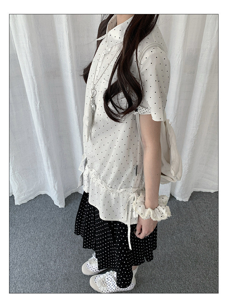 Polka Dot Ruffle-Hem Short Sleeve Shirt