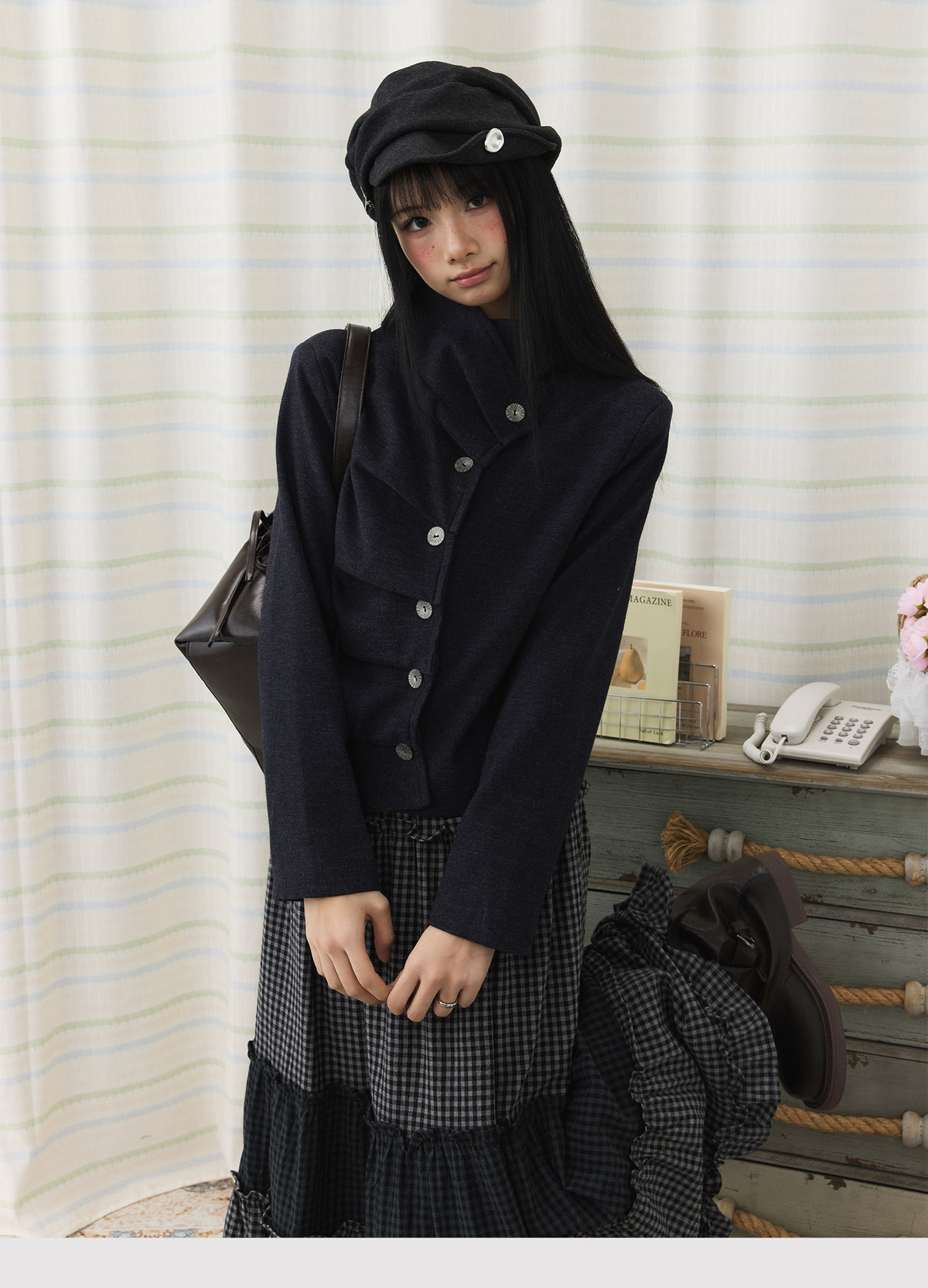 Asymmetric Pleated Collar Cropped Button Jacket
