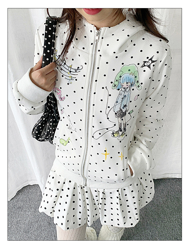 Polka Dot Devil-Horn Cartoon Girl Zip Hoodie