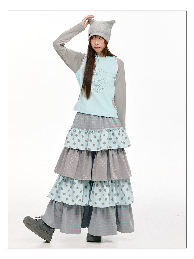 Mint Heart Contrast Hooded Long Sleeve Top