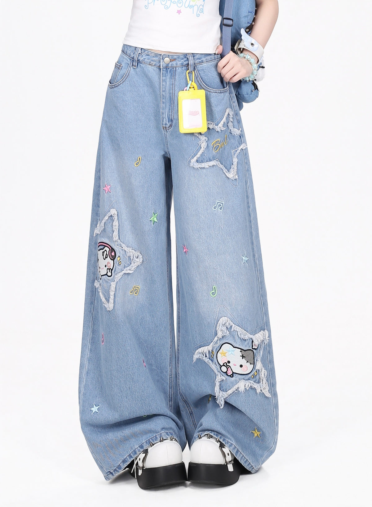 Star Cat Patch Wide-Leg Jeans with Card Holder Charm
