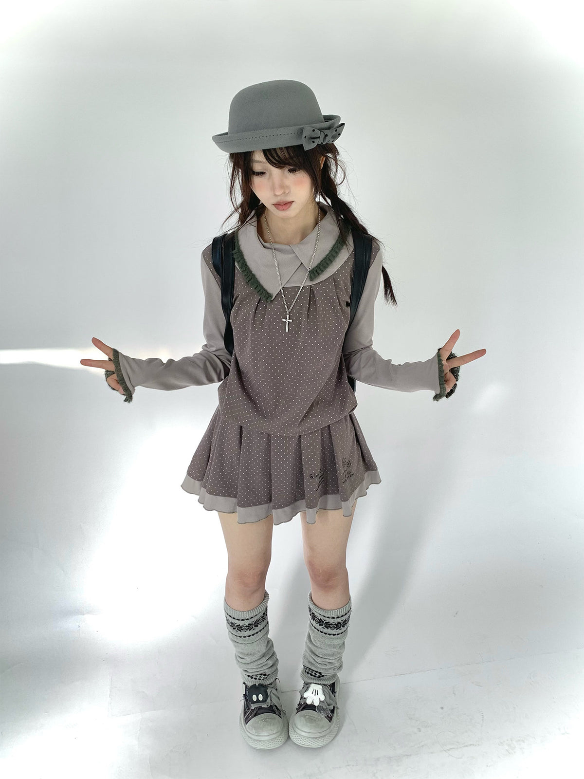 Gray Khaki Polka Dot Faux-Layer Pleated Mini Dress