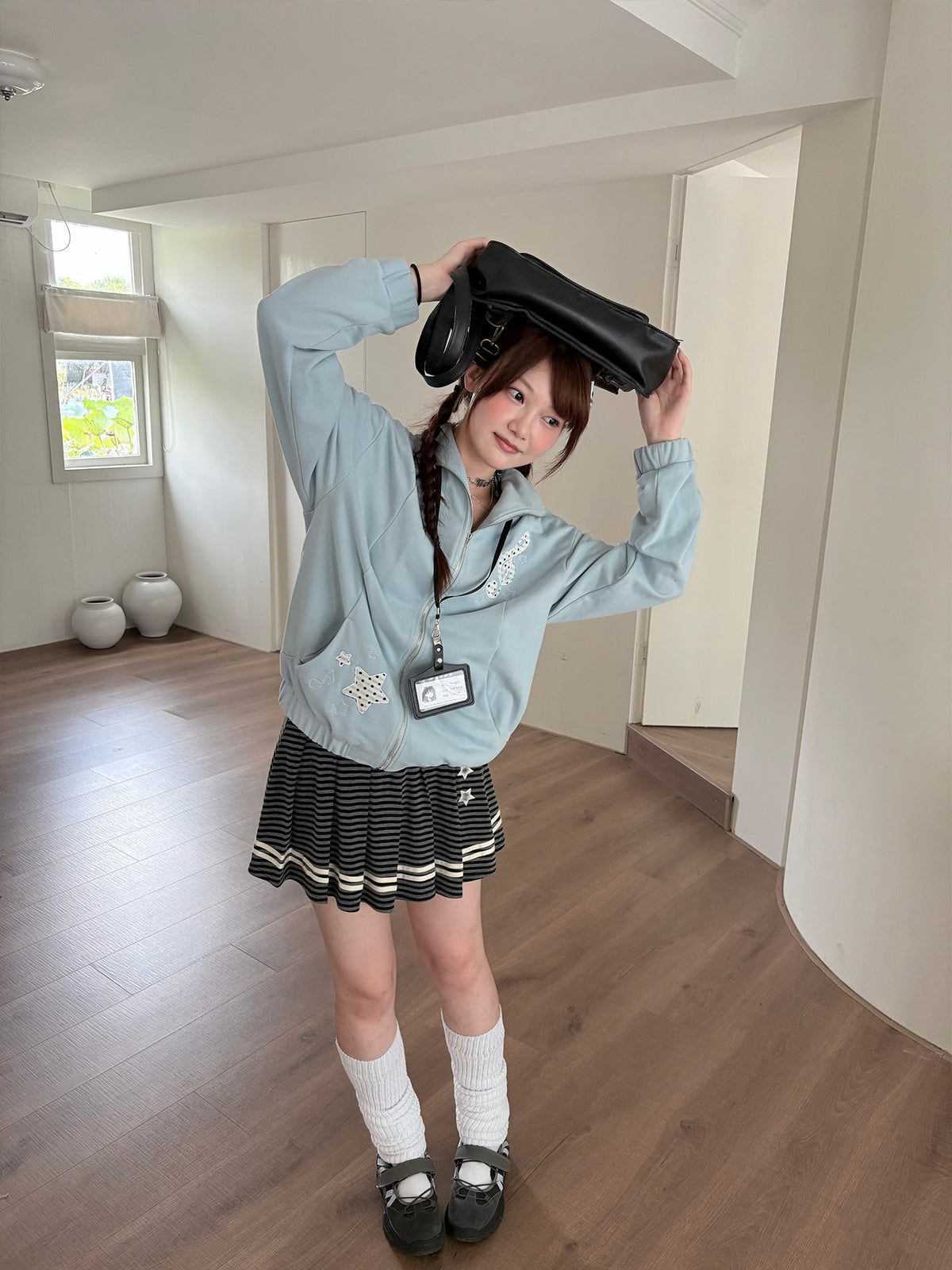 Charcoal Striped Star Pleated Mini Skirt