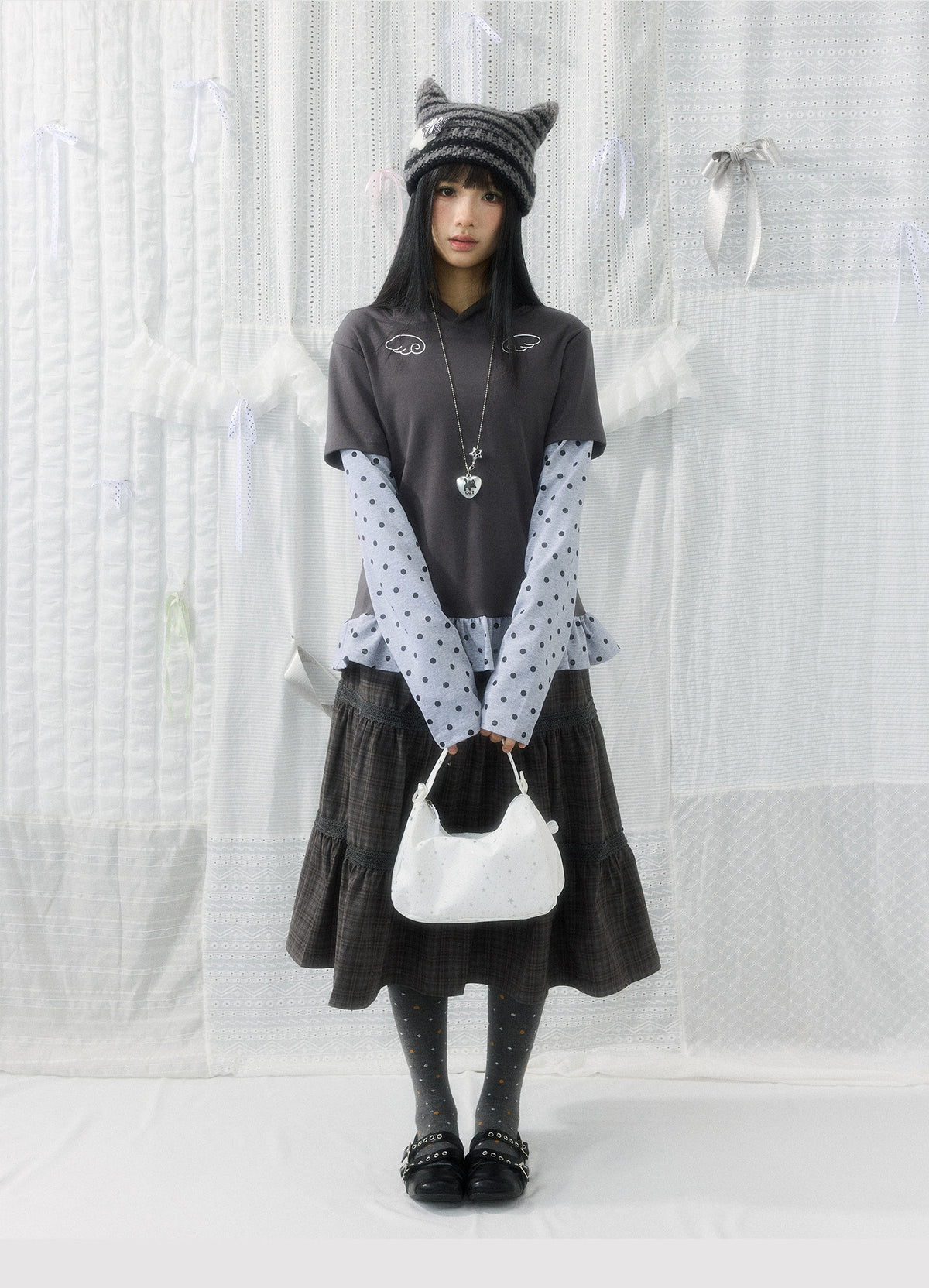 Angel Wing Polka-Dot Layered Hooded Long Sleeve Top