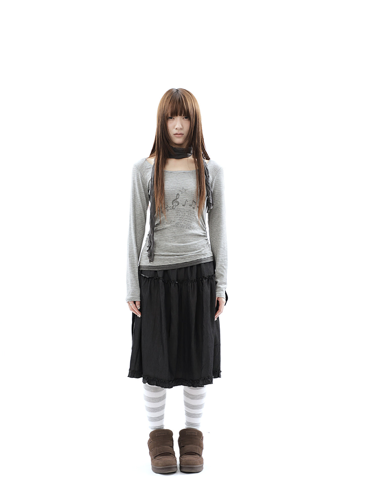 Music Note Striped Layered Long Sleeve Top with Scarf