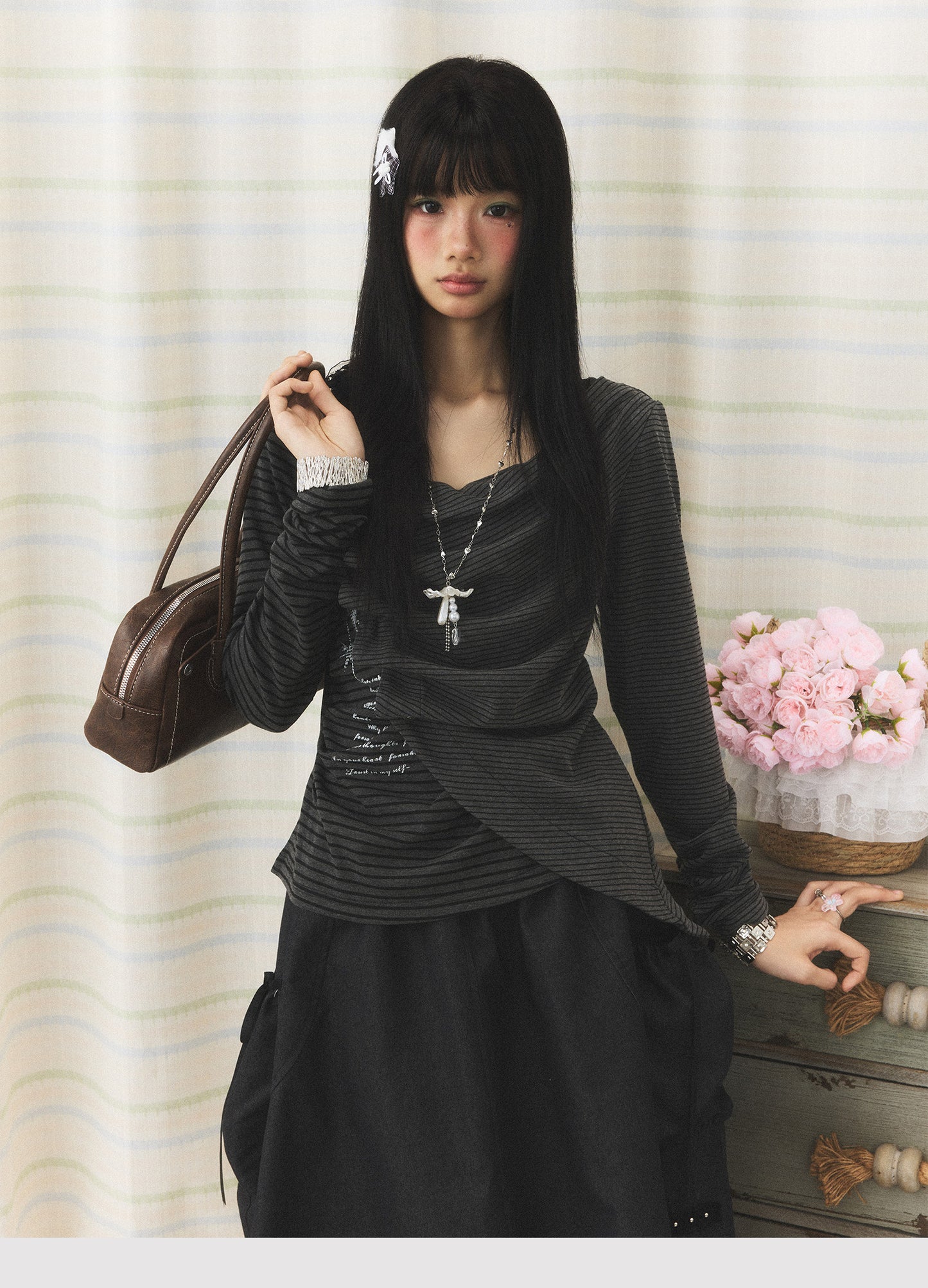 Charcoal Stripe Studded Draped-Neck Long-Sleeve Top