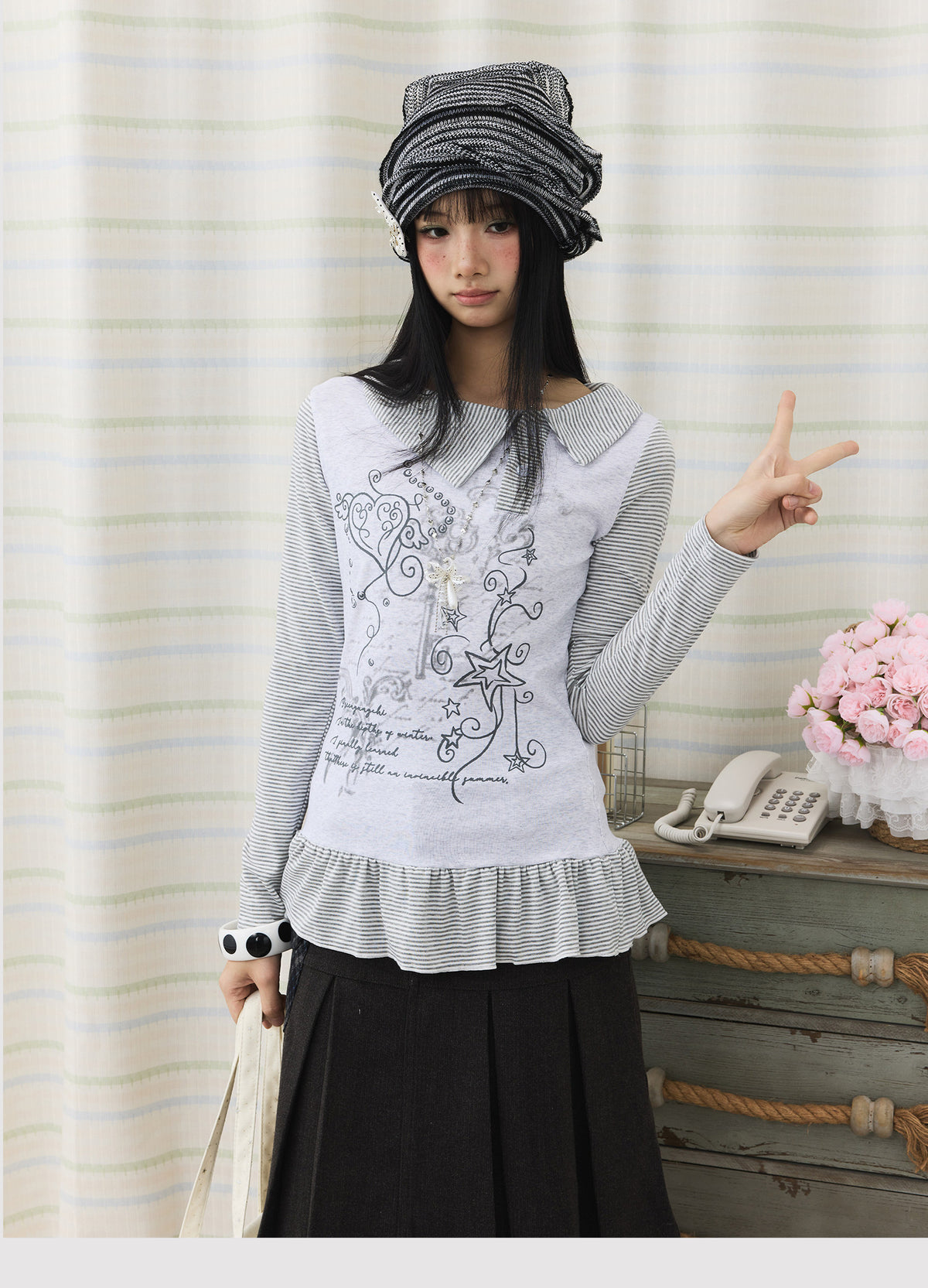 Graphic Stripe Faux-Layer Ruffle-Hem Long Sleeve Top