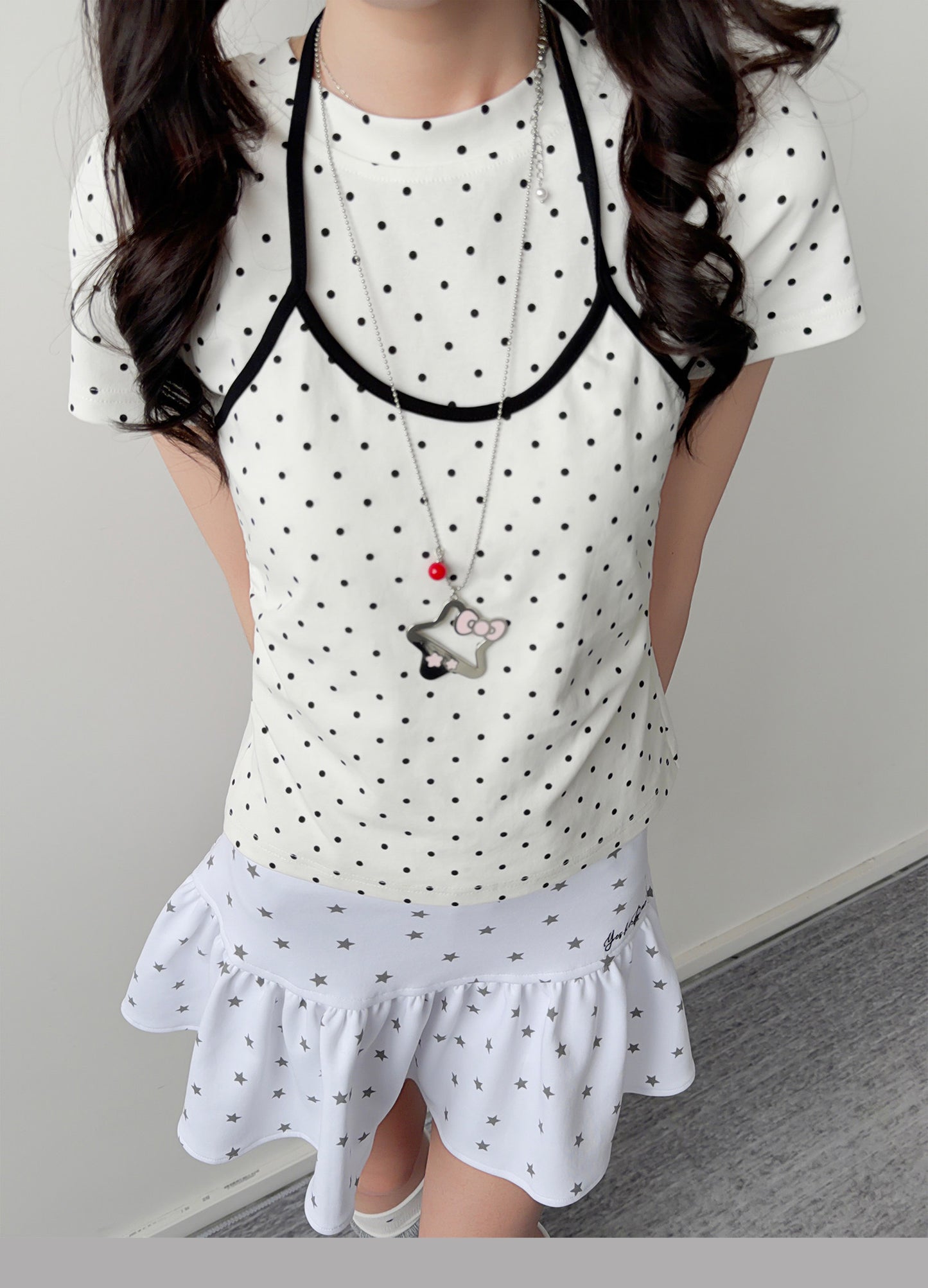 Polka Dot Faux-Layer Halter Fitted Tee