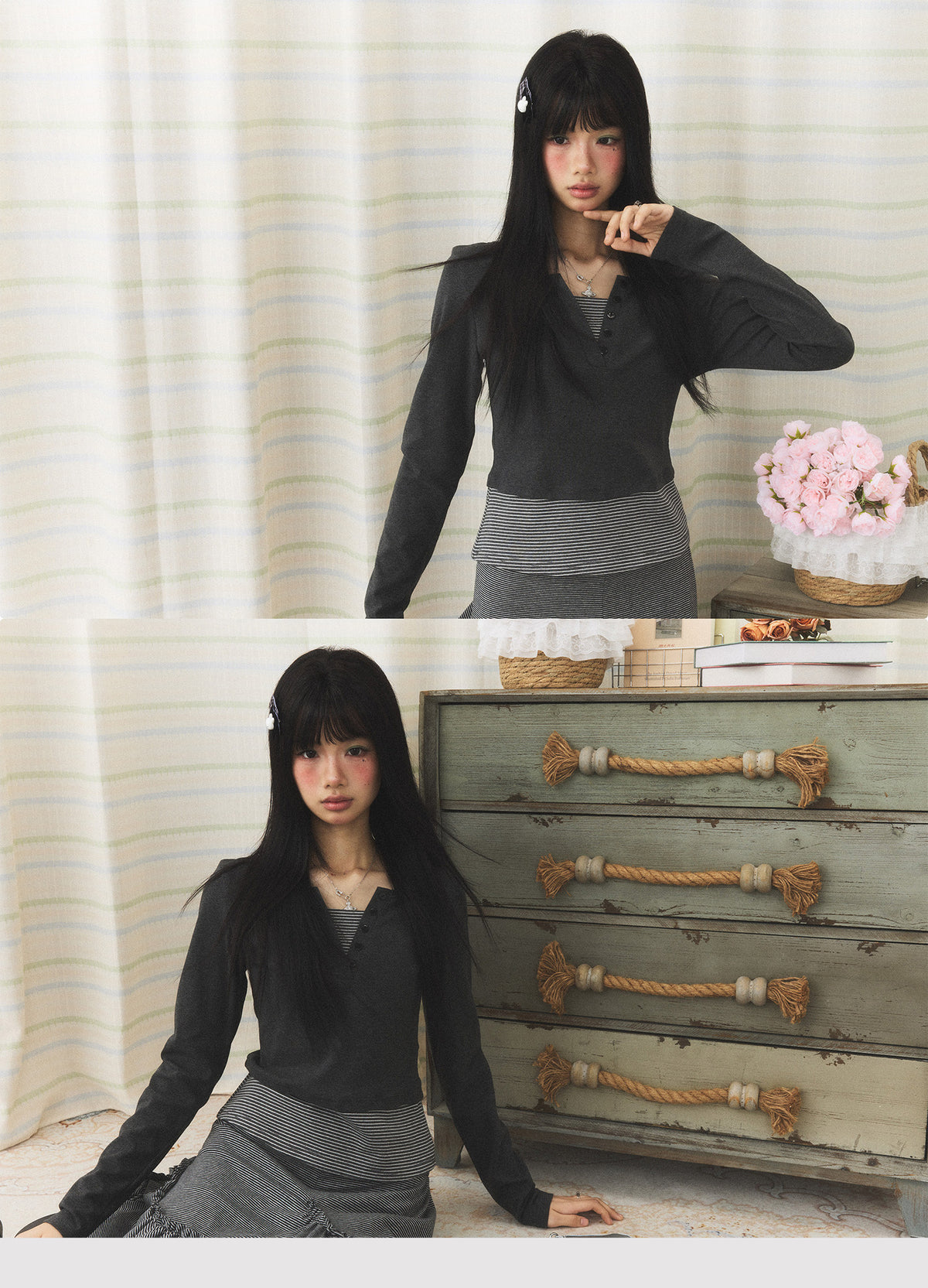 Striped Faux-Layer Halter Long Sleeve Top