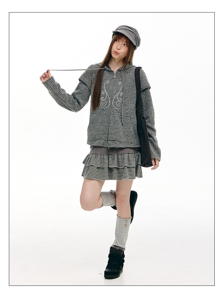 Charcoal Stripe Music Note Faux-Layer Zip Hoodie