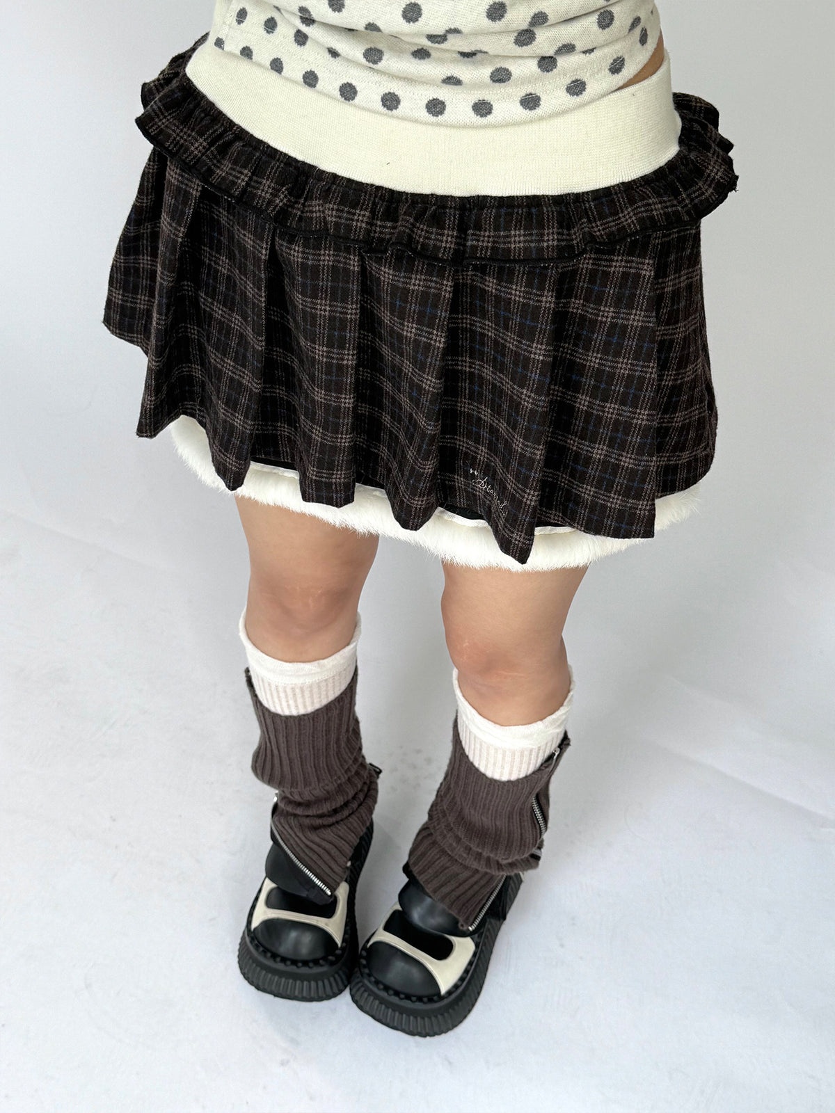 Brown Plaid Fuzzy-Trim Pleated Mini Skirt