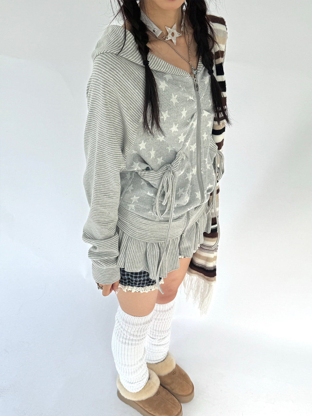 Star Ruffle Drawstring Zip-Up Hoodie