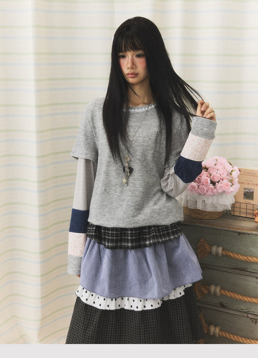 Lace-Trim Patchwork Faux-Layered Long Sleeve Top