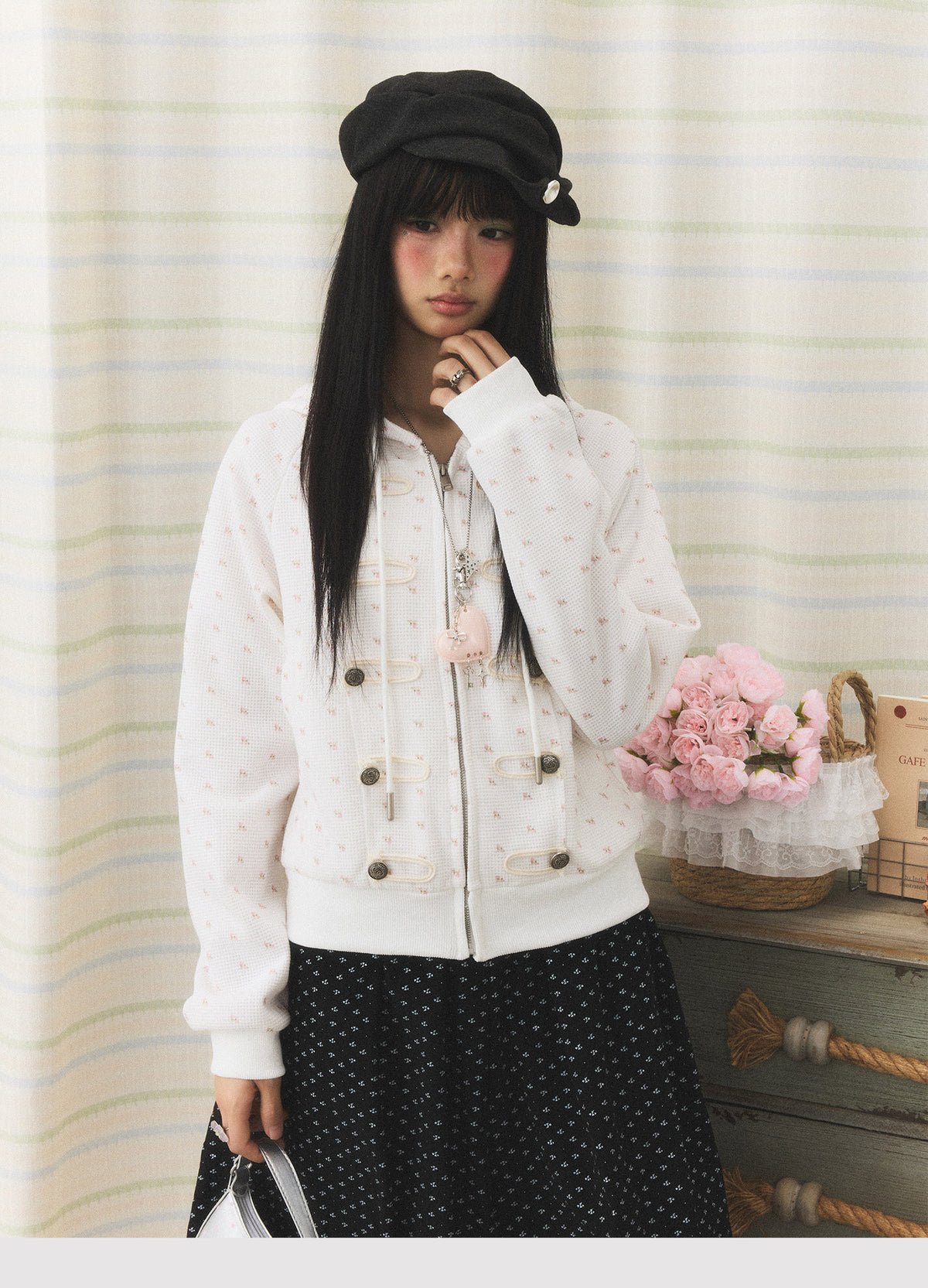 Floral Waffle Toggle Zip-Up Hoodie