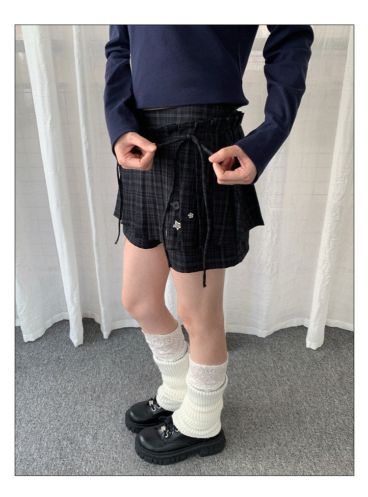Vintage Plaid Layered Tie-Waist Skort Shorts