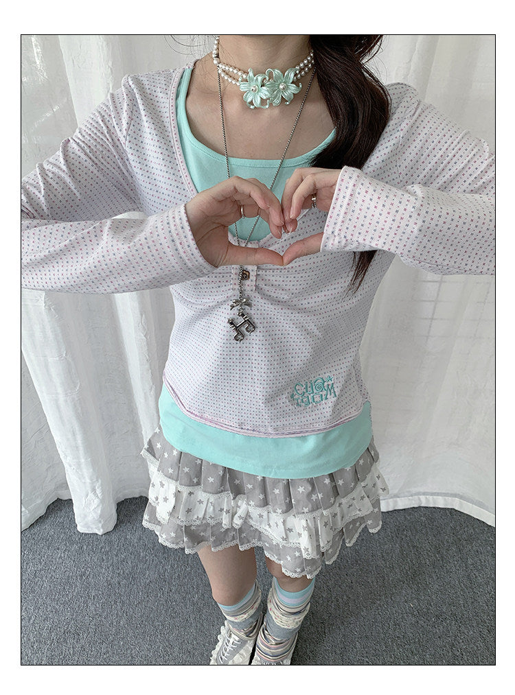Mint Dot Ruched Faux-Layer Long-Sleeve Top