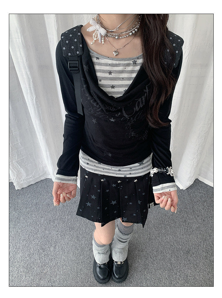 Star Stripe Cowl-Neck Faux-Layer Long Sleeve Top