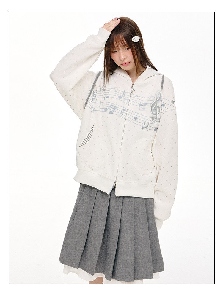 Gray Melody Polka Dot Graphic Zip Hoodie
