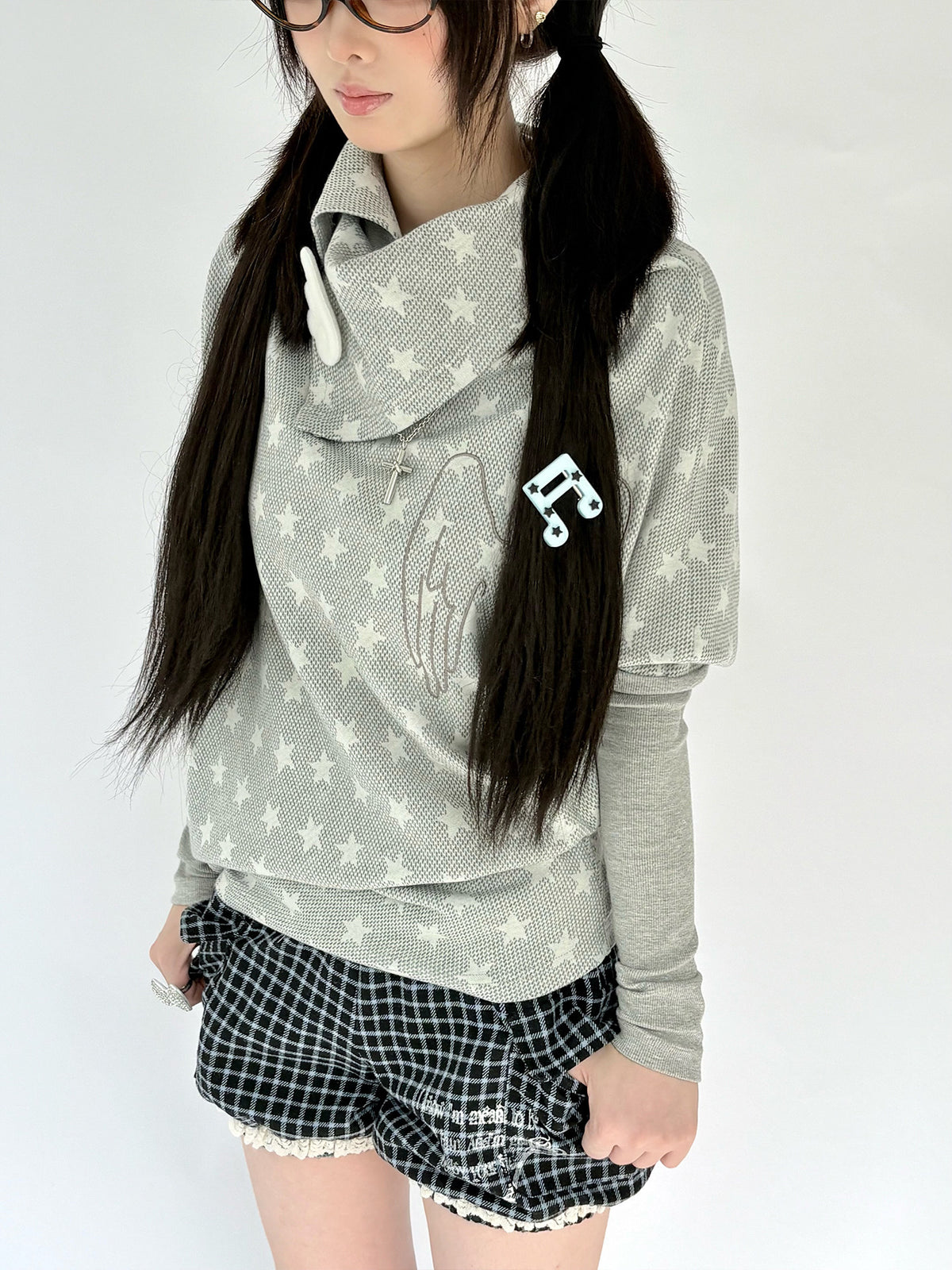 Asymmetric Star Drape Faux-Layer Long Sleeve Top