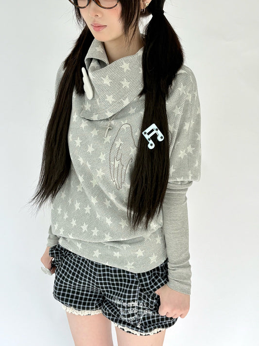 Asymmetric Star Drape Faux-Layer Long Sleeve Top