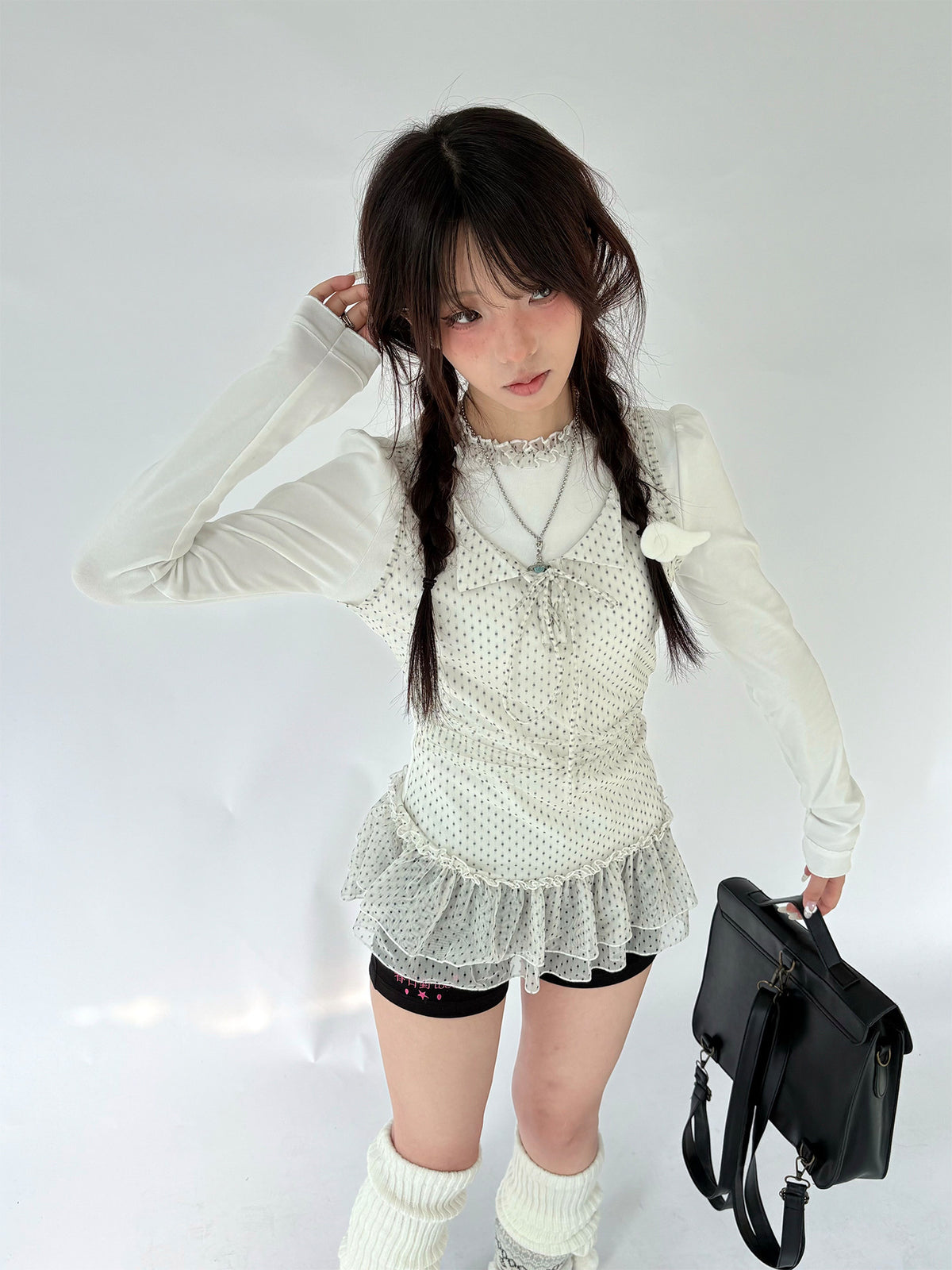 Polka Dot Mesh Ruffle Faux-Layered Long Sleeve Top