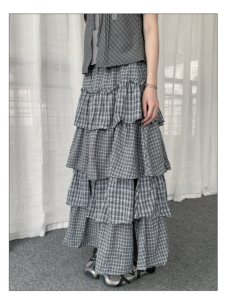Plaid Patchwork Tiered Maxi Skirt