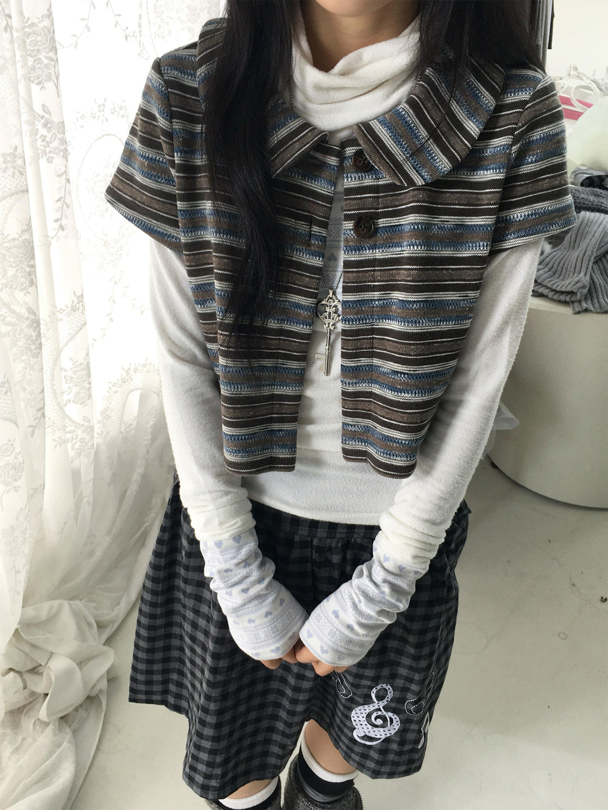 Vintage Blue Stripe Cropped Knit Cardigan Jacket