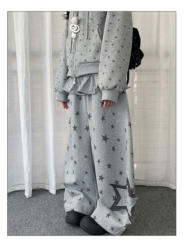 Star Print Detachable Ruffle-Layer Wide-Leg Sweatpants