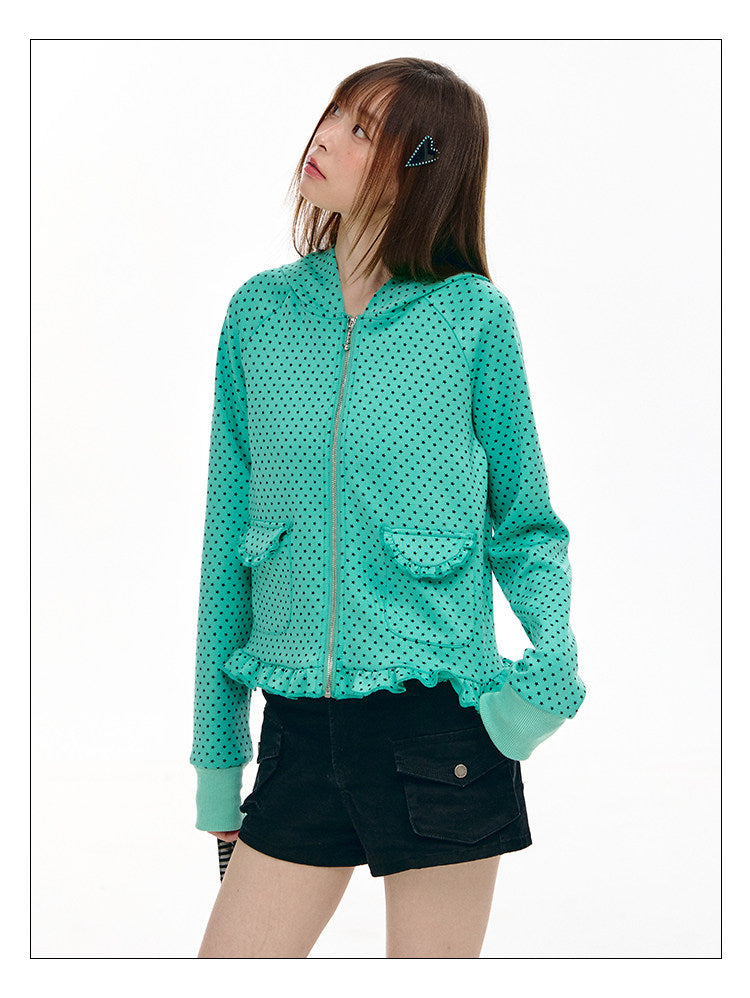Mint Micro-Star Ruffle-Hem Zip-Up Hoodie