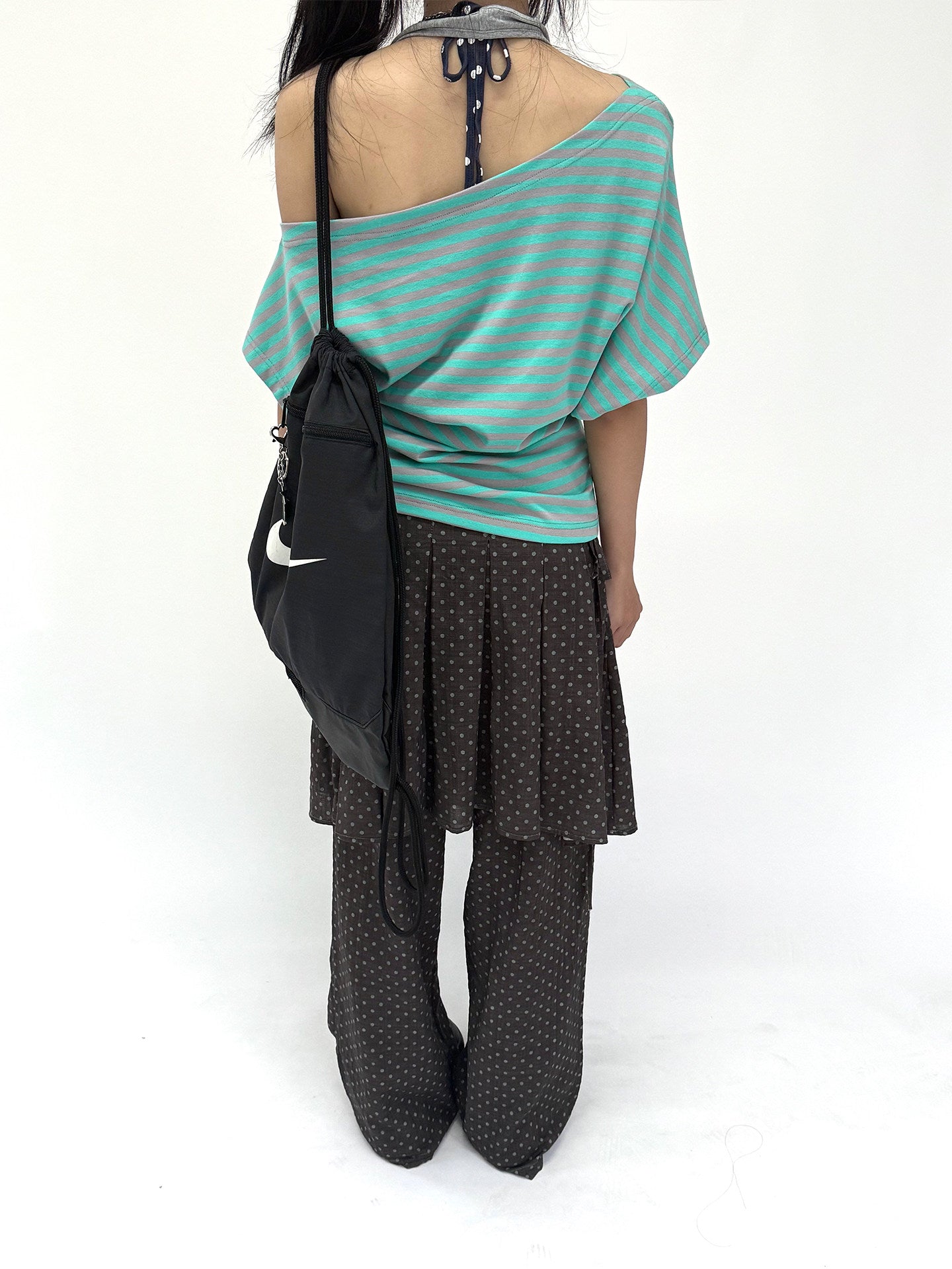 Mint Stripe Off-Shoulder Layered Halter Tee