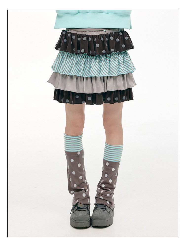 Gray Green Polka Dot & Stripe Tiered Mini Skirt