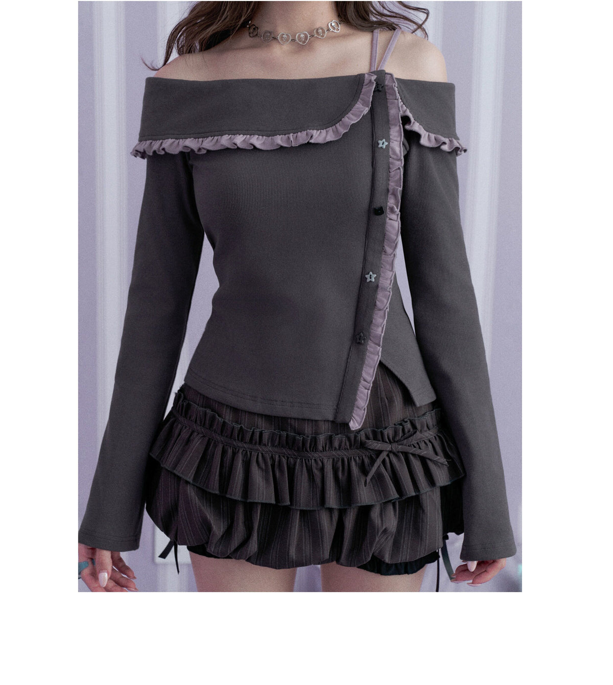 Ruffle-Trim Off-Shoulder Strap Long-Sleeve Top