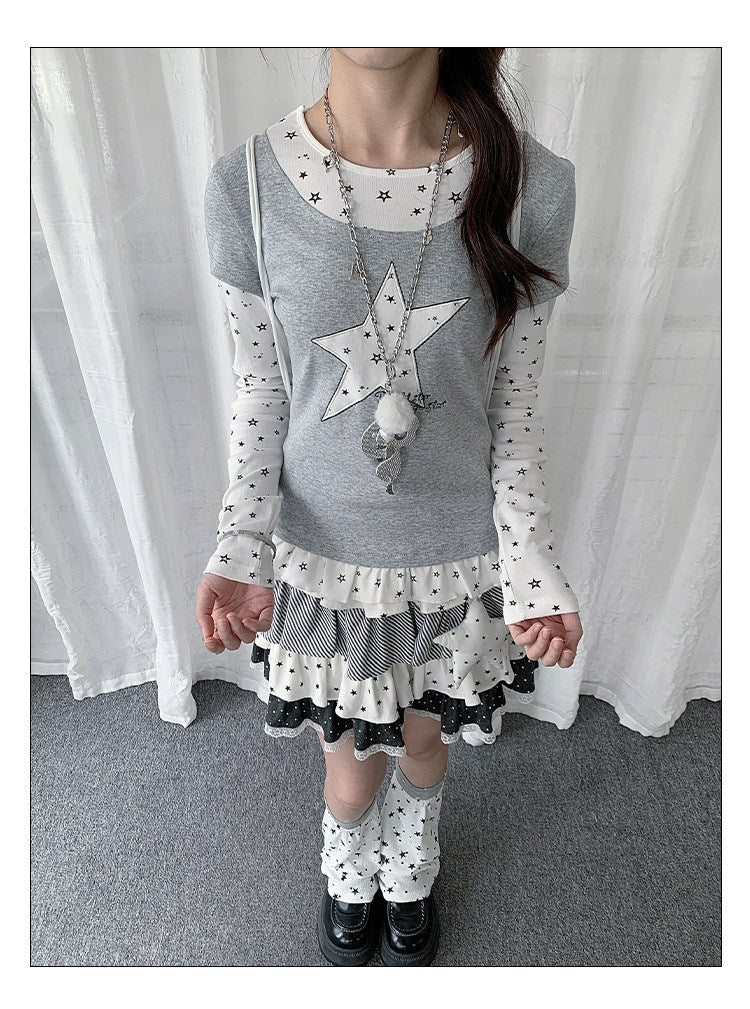 Star Appliqué Layered Long Sleeve Top