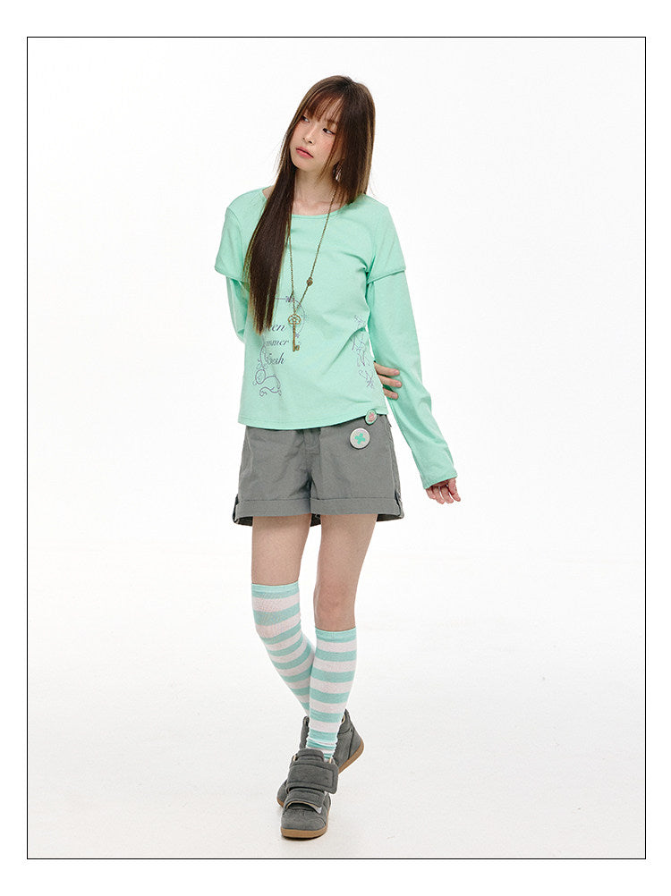 Mint Haze Faux-Layer Graphic Long Sleeve Top