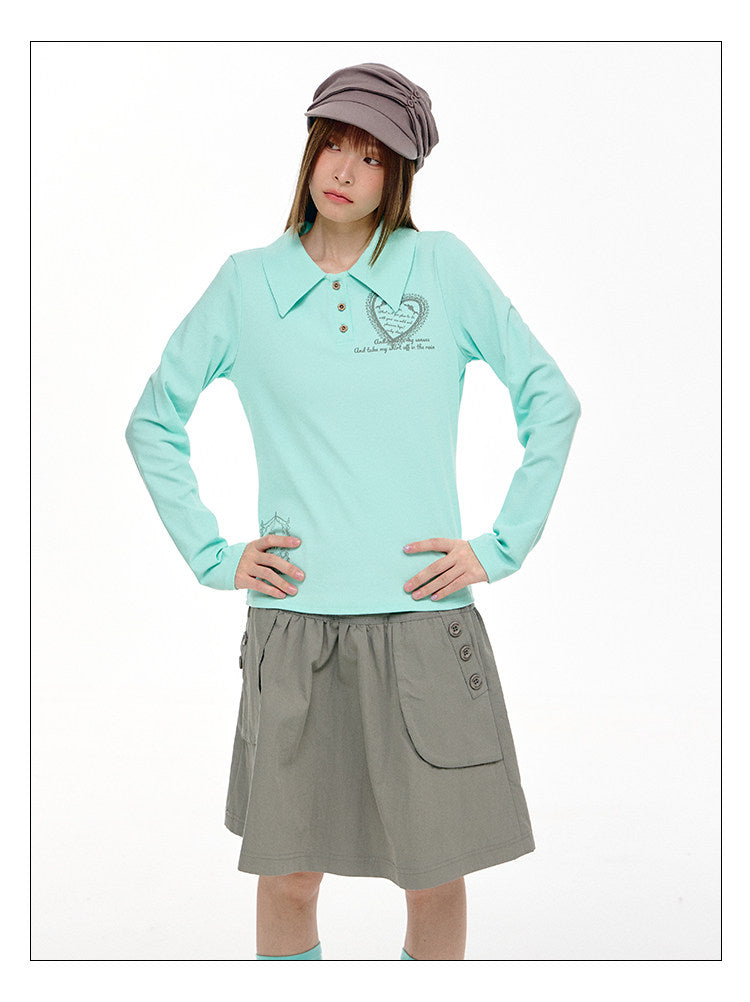 Mint Heart Graphic Long Sleeve Polo Top