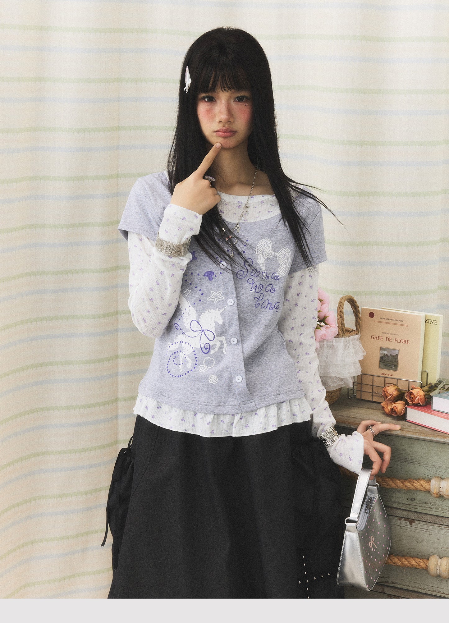 Lavender Wing Floral Faux-Layer Long-Sleeve Tee
