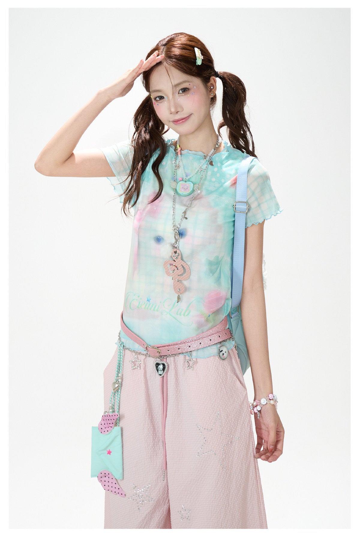 Pastel Cat Mesh Tee & Pink Star Wide-Leg Pants
