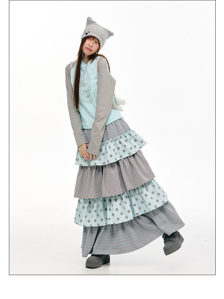 Gray-Blue Polka Dot Tiered Maxi Skirt
