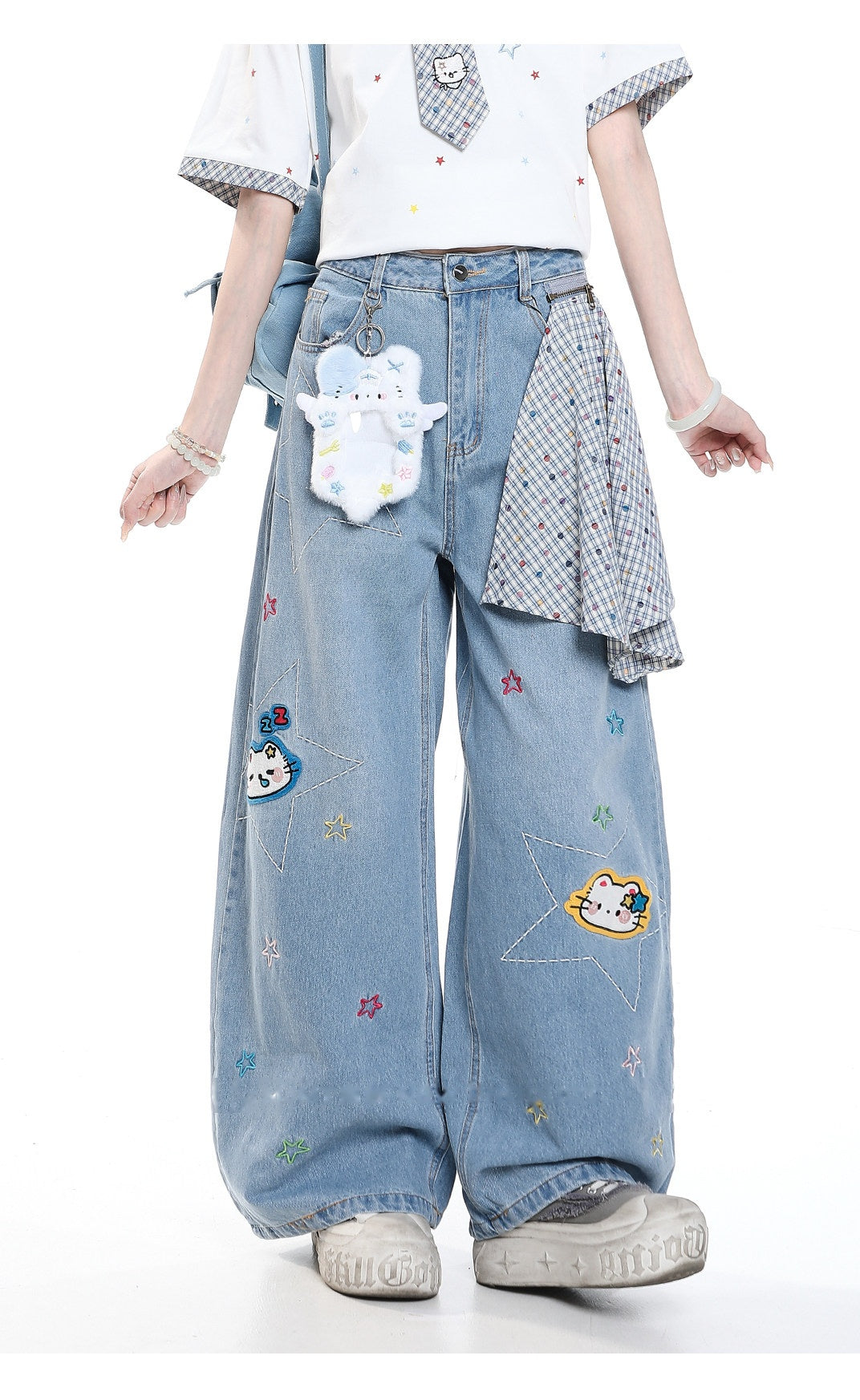 Star Kitty Embroidered Wide-Leg Jeans with Plush Charm