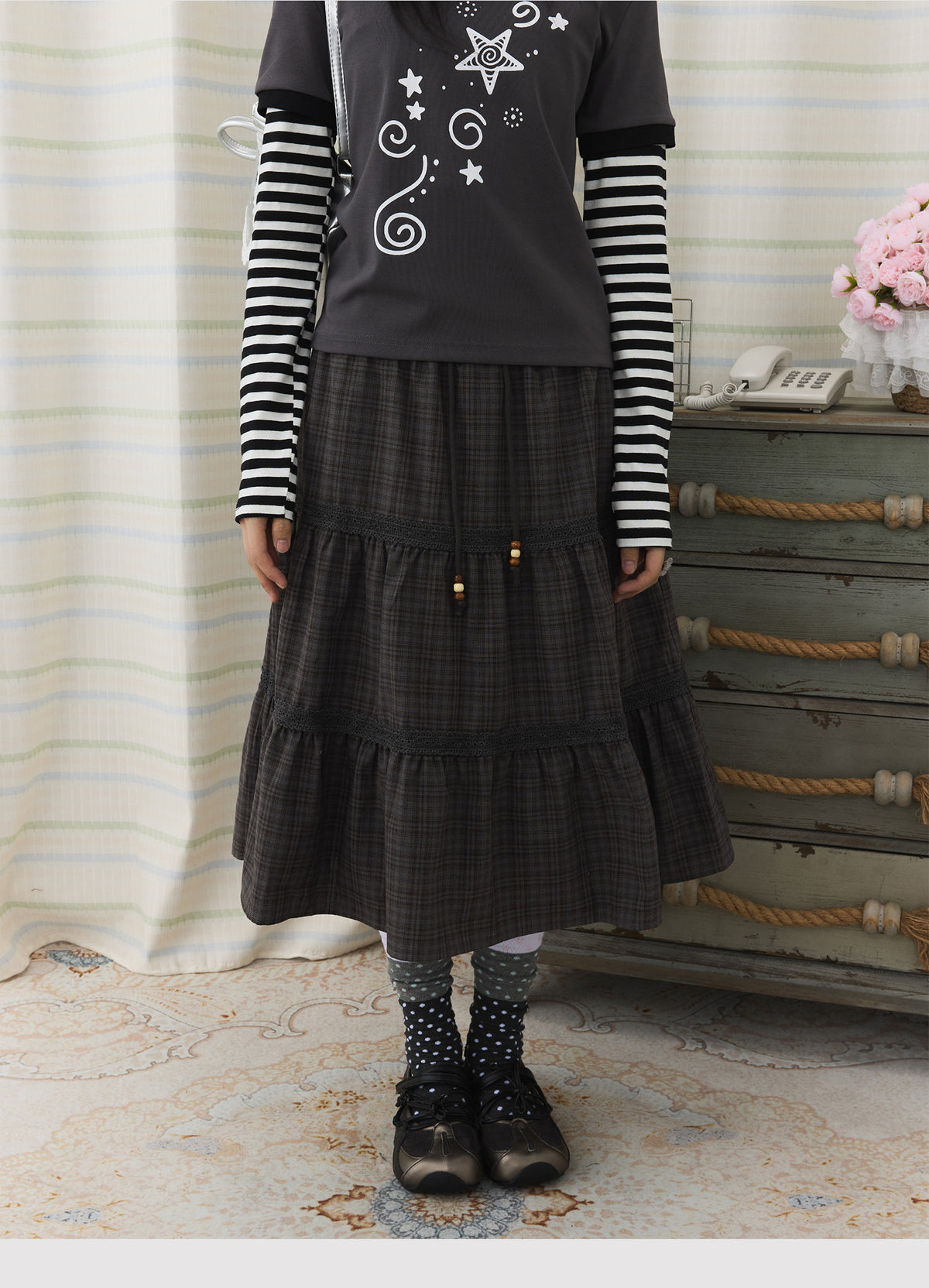 Plaid Tiered Lace Trim Midi Skirt